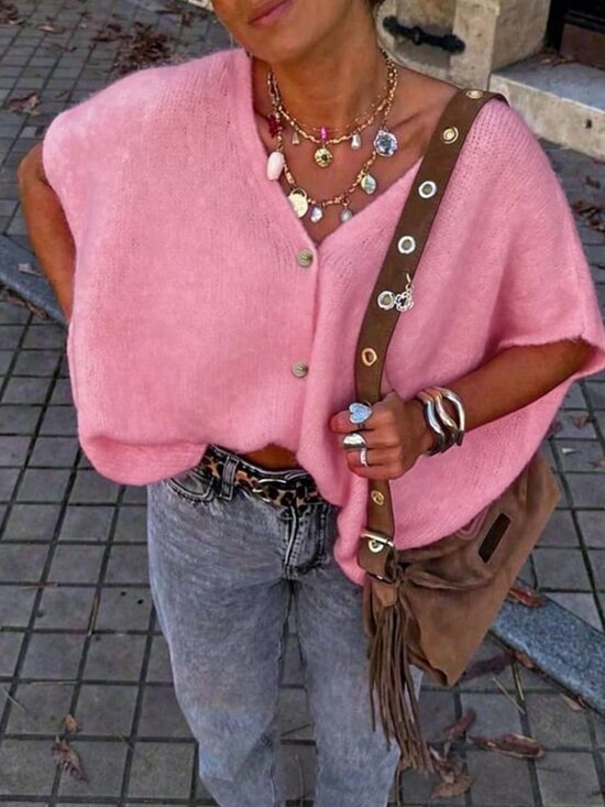 Gentle Pink Casual Women's V-Neck Button Short Sleeve Oversized Knit Cardigan - Picture 5 of 10